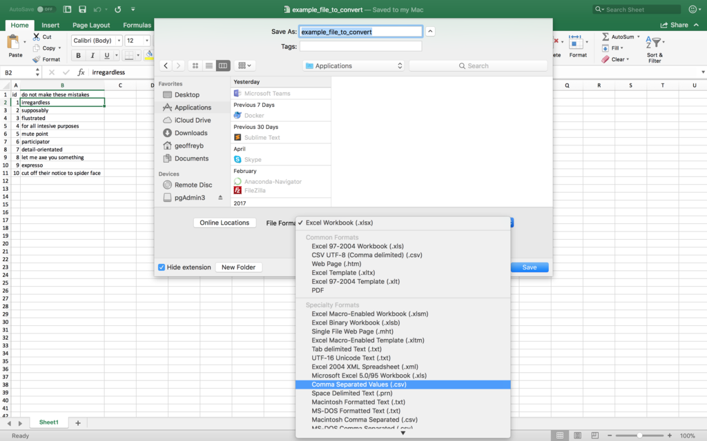 excel for mac and windows